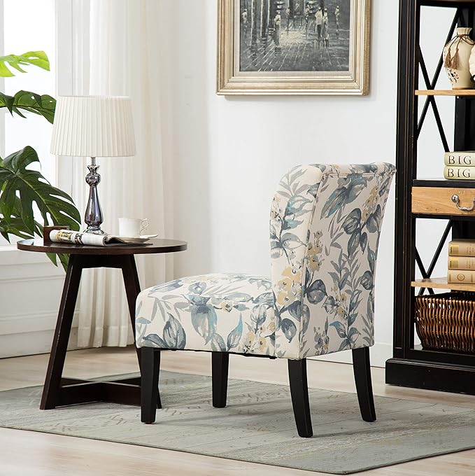 Roundhill Furniture Capa Print abric Armless Contemporary Accent Chair Blue Leaves
