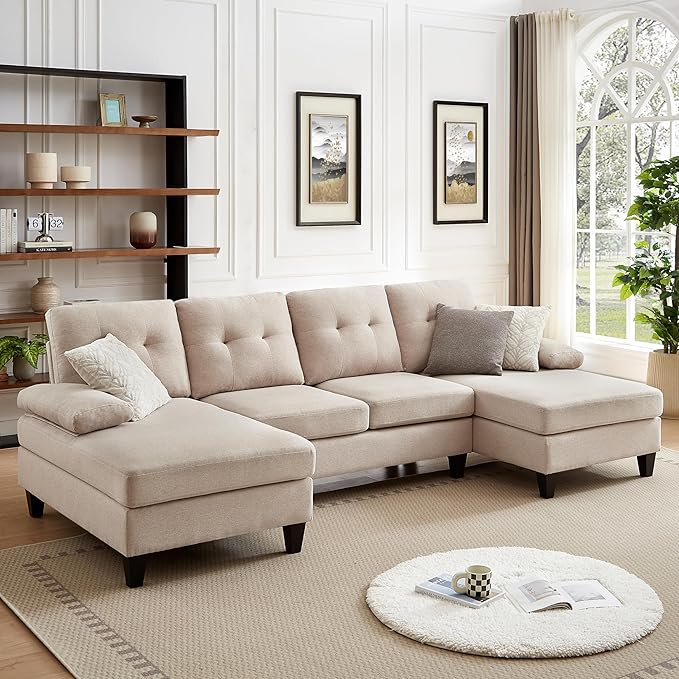 111 Modern U Shape Convertible Sectional Sofa Couch Polyester Fiber Sleeper Couch with Double Chaise and Portable Armrest 4 Seat Sofa Set for Living Room Apartment Office Beige
