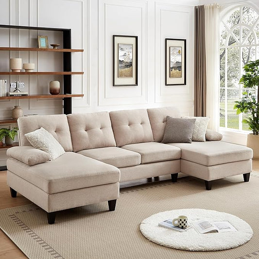 111 Modern U Shape Convertible Sectional Sofa Couch Polyester Fiber Sleeper Couch with Double Chaise and Portable Armrest 4 Seat Sofa Set for Living Room Apartment Office Beige