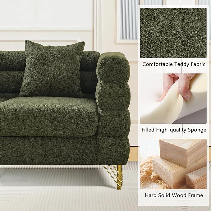 mikibama Modern Teddy Sectional Sofa 81 Inch Oversized Sofa Couch Luxury 3 Seater Deep Couch with 3 Pillows and Gold Metal Legs for Living Room Bedroom Apartment (Green)