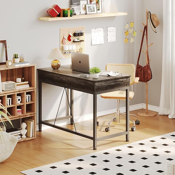 Mexin Small Desk with 2 Wooden Drawers 40 Inch Home Office Writing Desk Vanity Desk with Storage Computer Desk for Bedroom Small Spaces Table for Office Work Kids Study Makeup Gray Oak