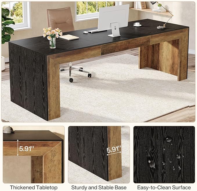 Tribesigns 78.7-Inch Long Computer Desk for 2 People Farmhouse Executive Desk with Wooden Desktop and Legs Large Workstations Writing Table Gaming Table for Home Office Heavy Duty Black + Brown