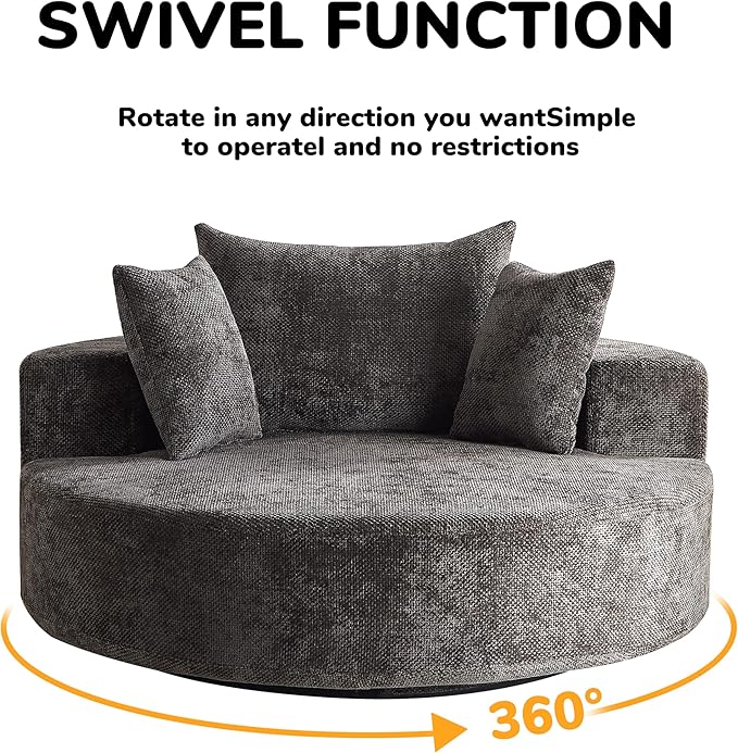 KEIKI 55 Oversized Swivel Accent Chair Chenille Large Barrel Chairs Upholstered Round Swivel Chair Single Sofa Armchair Sleeper Chair for Living Room Lounge Black