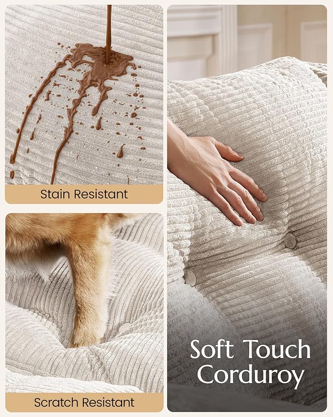 High Back Boneless Couch with 2-Pack Pillow Blankets U Shaped Modular Sectional Sofa with Ottoman Soft Corduroy Cloud Couch Tall Couches for Living Room No Assembly Warm White V2.0