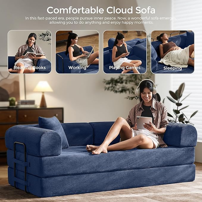 79 Convertible Sofa Bed with Fixed-Shape Frame &amp Removable Armrests Modular Corduroy Sleeper Sofa Folding Mattress Couch for Small Spaces - No Assembly Needed in Navy Blue (Includes 2 Pillows)