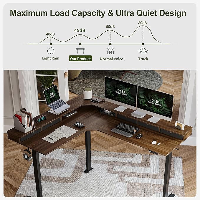BANTI Triple Motor 75 L-Shape Standing Desk with 5 Drawers Sit Stand Home Office Desk Computer Workstation Corner Standing Desk with Spliced Panels Black Walnut Top