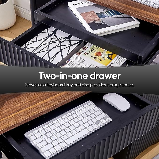 55 Computer Desk with Keyboard Tray Modern Office Desk with Power Outlets 2-in-1 Main Drawer &amp Adjustable File Drawer Fluted Design Home Office Desk (Walnut with Black)