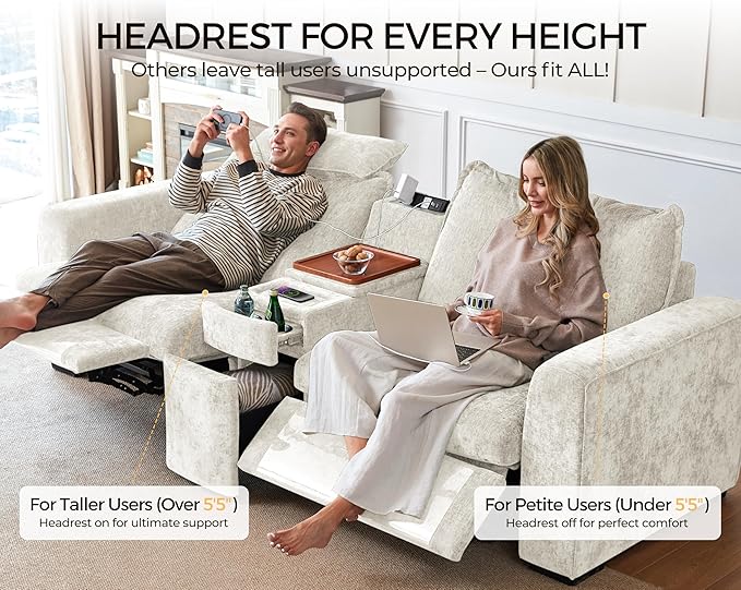 Power Recliner Seat for Olar Oversized Modular Sectional Sofa with Removable Headrest for Tall Man Zero-Clearance Electric Home Theater Seating Reclining Sofa Chenille White