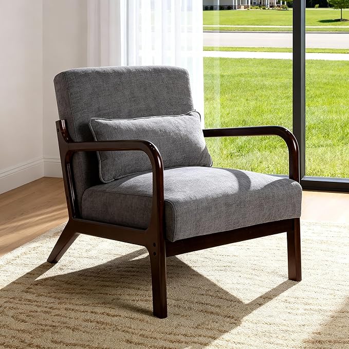 Mid Century Modern Accent Chair with Solid Wood Frame Comfy Reading Lounge Chair with Detachable Lumbar Pillow for Living Room Bedroom Office Vintage Small Wooden Armchair for Waiting Room (Grey)