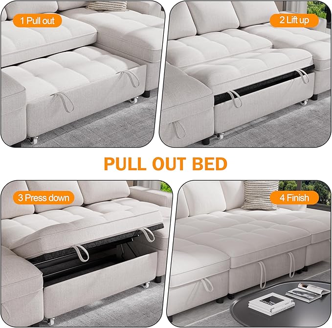 Sunny Heart Modular Sectional Sleeper Sofa with Pull Out Bed Chenille U Shaped Sectional Sofa with USB Ports/Adjustable Backrest/2 Storage Seats Tool-Free Assembly Couches for Living Room Beige
