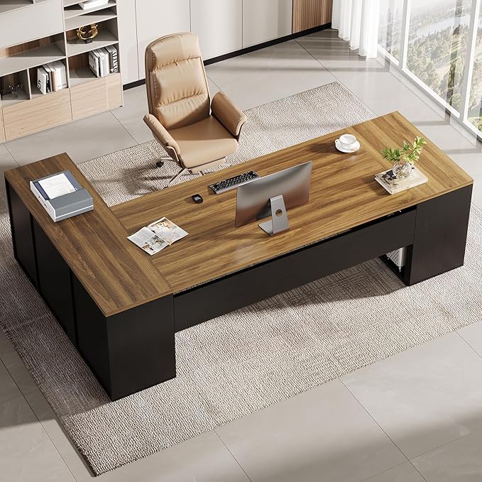 Tribesigns 85.8-Inch L-Shaped Executive Desk Extra Large Modern Office Desk with File Drawers Door Cabinet &amp Shelves Commercial Office Table Home Business Workstation Brown &amp Black