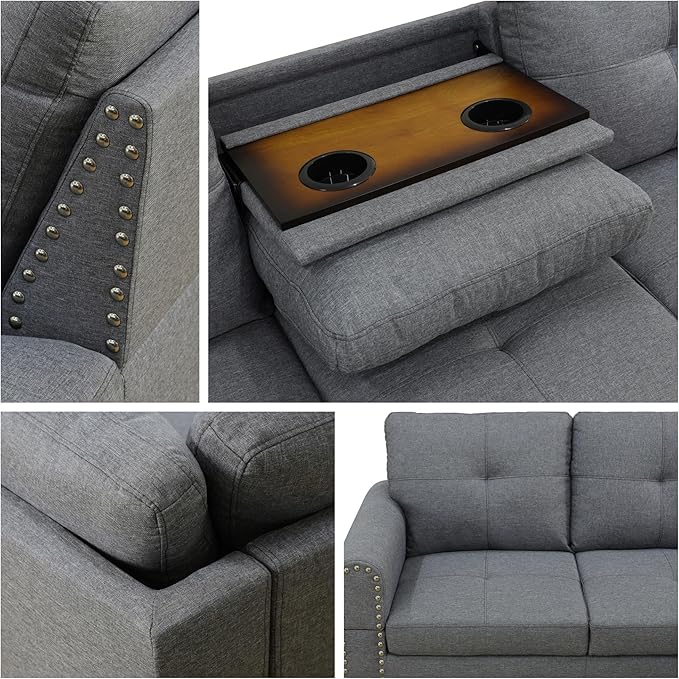 L-Shaped Sectional Sofa with Movable Chaise &amp Storage Ottoman Lounge 3-Piece Modular Convertible Couches for Living Room Apartment &amp Office Dark Grey