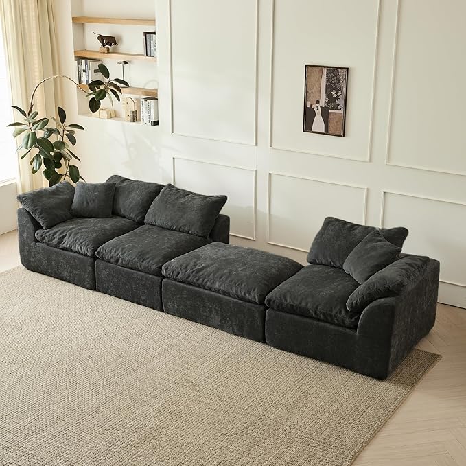 109 Cloud Sectional Couches for Living Room Convertible L-Shape Boneless Couch with Ottoman 3 Seater Compressed Sofa Modular Sectional Sofa (Black)