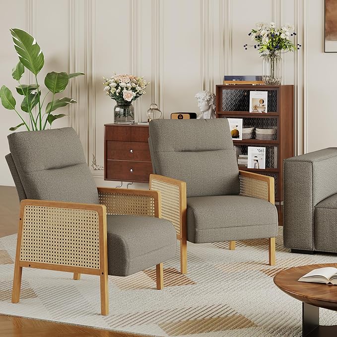 Andeworld Taupe Accent ChairsUpholstered Modern Living Room Chairs with Natural Rattan Arm Side Chair for Bedroom Club Balcony Reception Room
