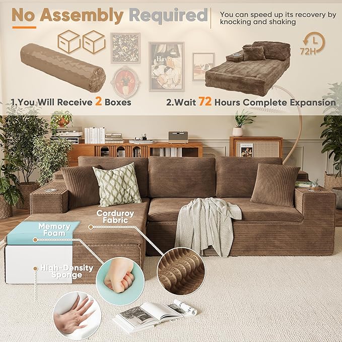 Homall 109 Boneless Couch with Memory Foam Modular Sectional Sofa with L-Shape Chaise Cloud Couch with Deep Seat Dual Cup Holders &amp Side Pockets No Assembly Required (Brown)