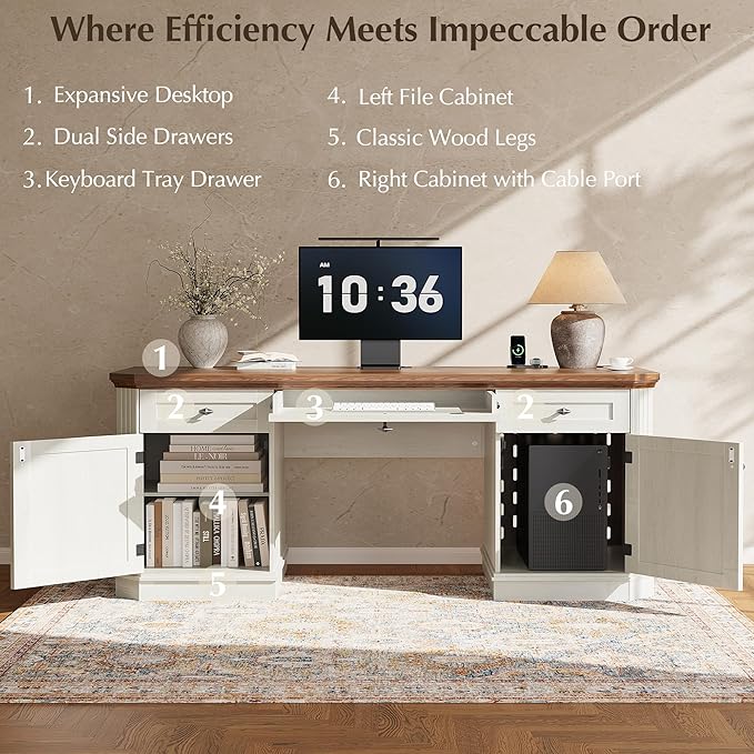 59 Classic Executive Desk with Storage Victorian Executive Desk with Charging Station Keyboard Tray 3 Drawers &amp Cabinet Storage &amp Pedestal Easy Assembly White
