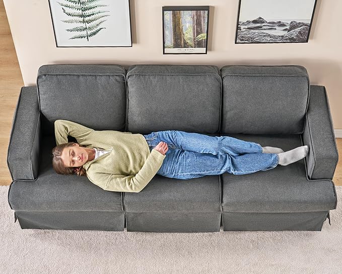 AMERLIFE Modern Sofa 89 inch Slipcovered Sofa 3 Seater Sofa Comfy Couch for Living Room Office Linen Grey Oversized Couch