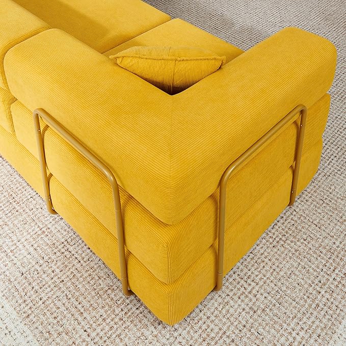 Convertible Folding Sofa Bed Modern Futon L Shaped Sleeper Sofa Fold Out Couch Bed with Gold Fixed Frame Modular Floor Sofas Comfy Corduroy Boneless Couches for Living Room (108 Yellow)