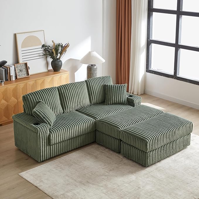 84 W Double Chaise Lounge Chair Indoor Oversized 3 Seater Sleeper Sofa Bed with 2 Ottoman Upholstered Deep Seat Corduroy Couch with 2 Storage Armrests &amp Cup Holder for Living Room Apartment G