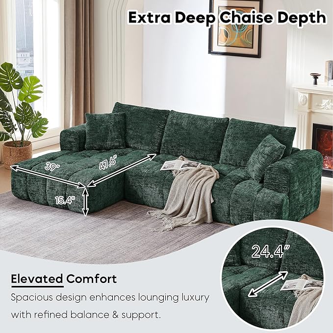 108” Modular L-Shaped Sectional Sofa Couch with Deep Seat Compressed Chenille Boneless Cloud Couch with Tufting for Living Room No Assembly Required (Dark Green Left Facing Chaise)