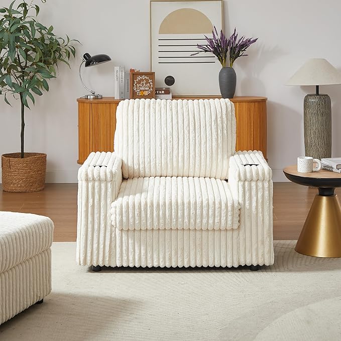 Eafurn 42.5 Oversized Accent Chair with Storage Ottoman Convertible Chaise Lounge Corduroy Cloud Sofa Chair w/Cupholders Modern Extra Wide Armchair