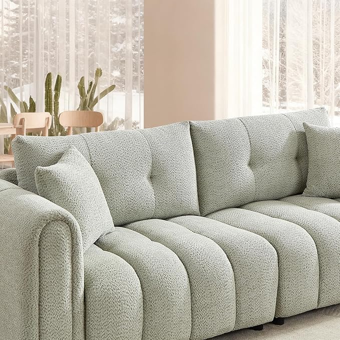 Mid Century Modern Boucle Sofas for Living Room 3 Seater Couch with Deep Seat Comfy Sherpa Cloud Couch Oversized Loveseat for Apartment Bedroom Home Office 91.5 Inch Mint Green