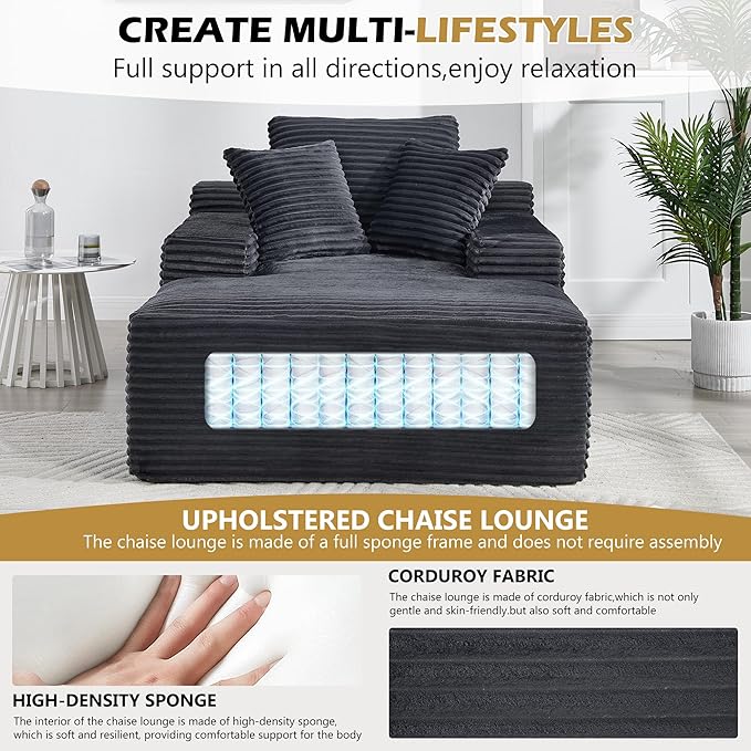 66 Oversized Chaise Lounge Chair Indoor Corduroy Upholstered Sofa Bed with Pocket Springs&ampHigh-Density Foam Deep Seat Sleeper Couch with 3 Pillows No Assembly for Living Room (Dark Grey)