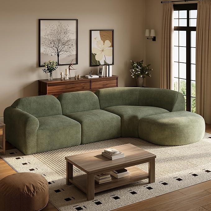Merax Modern Curved Sectional Sofa with Ottoman Couch 4-Piece Set High-Density Compressed Sponge Fully Assembled Right Hand Facing Plush Deep Seat for Living Room Lounge Apartment Green
