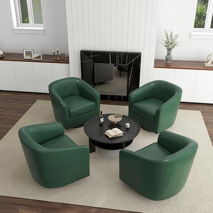 UIXE 360° Swivel Barrel Accent Chair Armchair PU Leather Round Club Arm Chair for Lving Room Modern Upholstered Small Bedroom Single Sofa Seat - Green Set of 4