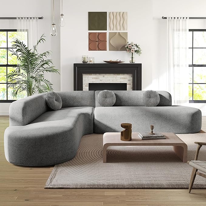 Curved Modular Sectional Sofa - 122 Extra Large 5-Seater with High Resilience Foam &amp Soft Chenille Upholstery 2-Piece Floor Couch with Round Cushions No Assembly Gray Living Room Furniture Sets