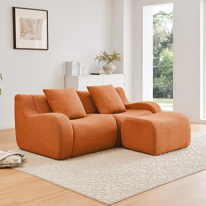 KEIKI 83 L-Shaped Teddy Modular Sectional Loveseat Sofa with 1 Ottoman &amp High-Density Foam Cushions &amp Curved Armrest &amp 2 Pillows Streamlined Design Boneless 2-Seater Couch for Living Ro
