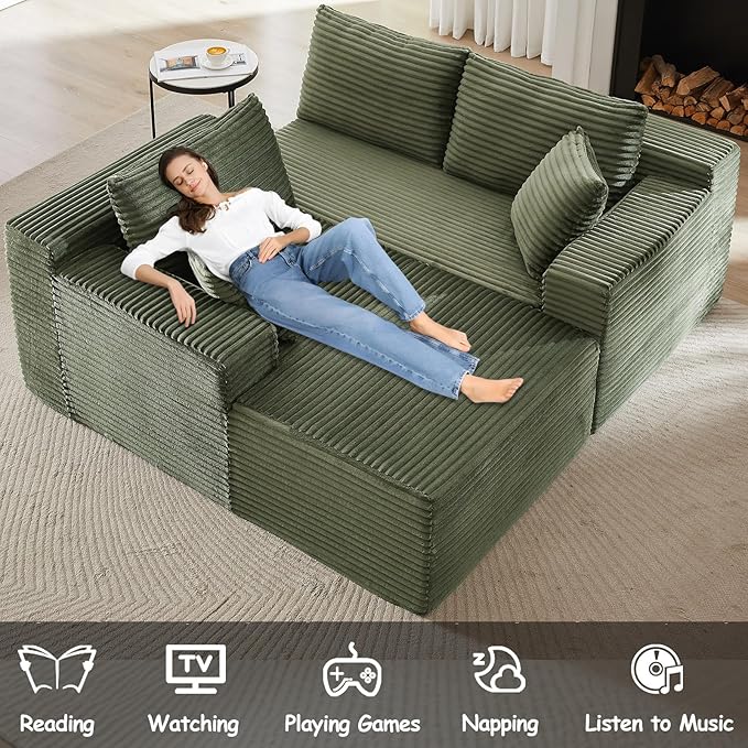104 Boneless Sectional Couches L Shaped Couch with Deep Seat for Living Room Apartment Corduroy Memory Foam Couch with Comfy Pillows (Saga Green Left Chaise)