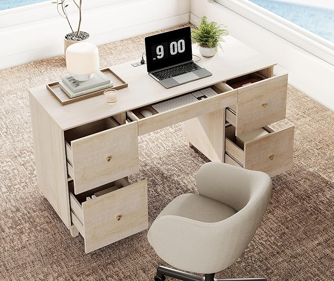 WAMPAT Light Oak Wood Desk with 4 Deep Drawers 58 Inch Modern Home Office Desk with Storage &amp Charging Station Wooden Large Executive Desk Work &amp Study Writing Computer Desk