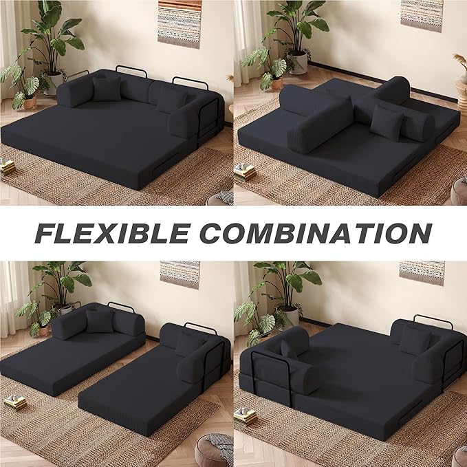 79'' Folding Sofa Bed 5-in-1 Convertible Sofa Bed BonelessComfy Foldable Foam Couch with Pillow Modular Floor Couch for Living RoomBedroomLounge - Corduroy Black