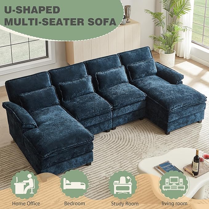 112 Modular Sectional Sofa U Shaped Comfy Cloud Couch with Double Chaise and Padded Armrests Modern Deep Seat Sectional Couches for Living Room Apartment Office Dark Blue