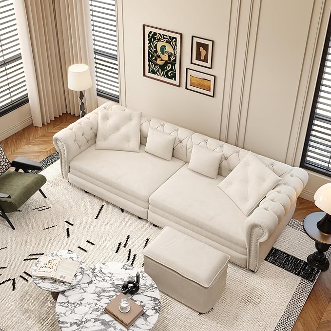 3-in-1 Pull Out Sofa Bed - 89 King Size Convertible Sleeper Sofa Large Velvet 3-Seater Sofa with Movable Ottoman Sleek Rivet Detailing Tufted Design Pull Out Couch (Beige)