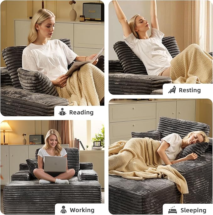 67x48 Oversized Chaise Lounge Chair Indoor Upholstered Sofa Bed with Plush Faux Fur Sleeper Couch Reading Chair Fluffy Cloud Sofa for Living Room Plush Gray