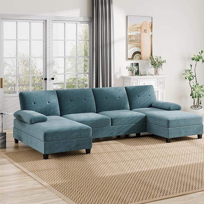 Walsunny Sectional Couches for Living Room Convertible U-Shaped Sofa Couch with Double Chaise 4 Seat Sofa Set Modular Sectional Sofa for Living Room Apartment Bedroom New Blue