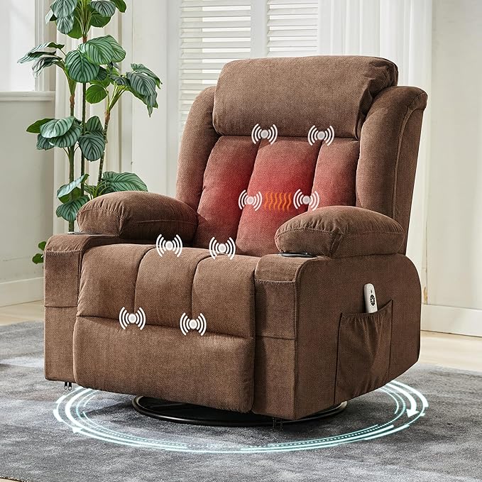 GAOMON Rocker Swivel Recliner Chair with Heat Massage Large Wide Lazy Boy Single Sofa Seat with 3 Positions 2 Side Pockets Cup Holders USB Ports Remote Control
