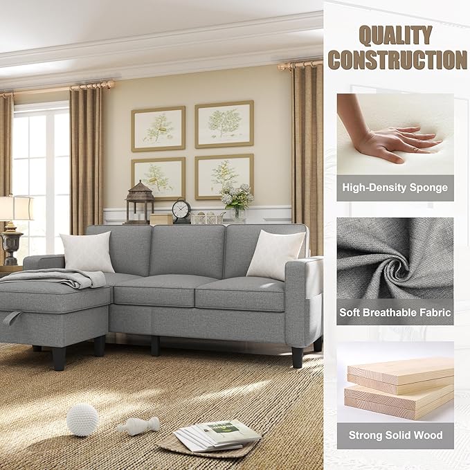 Couch for Living Room - 78'' Beige Linen 3 Seat L-Shaped Sectional Sofa Couches with Storage Ottoman - Modern Small Space Upholstered Furniture Sofa Set for Office Small Space Apartment (Grey-Linen)