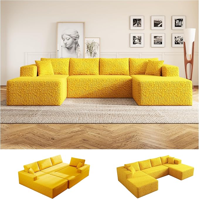 140 U-Shaped Modular Sectional Sofa for Living Room3 Seater Cloud Sectional Couch with Chaise LoungeDeep Seat with PillowsNo Assembly Required (Yellow)