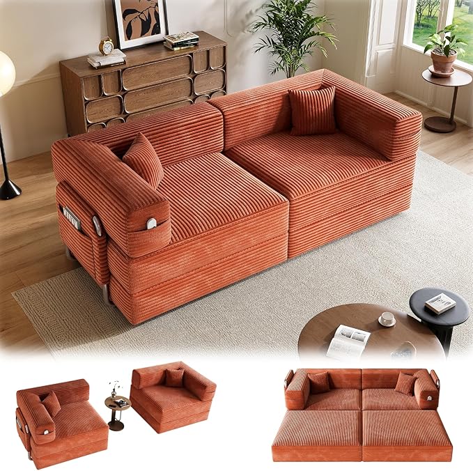 78 Compressed Convertible Sofa Bed Modular Corduroy Loveseat Sleeper with Fixed-Shape Frame Folding Mattress Couch with 2 Pillows for Living Room Bedroom Small Spaces No Assembly Needed Orange