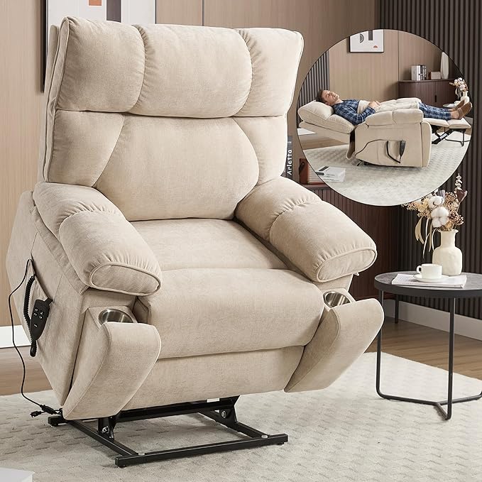 Oversized Power Lift Recliner Chair for Elderly Dual Motor Lift Chair with Vibration Massage &amp Lumbar Heating Standing Assistance Recliner with Cup Holders for Living Room - Chenille Fabric Bei