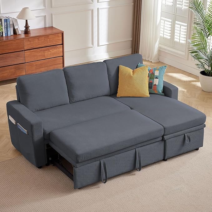 Convertible Sleeper Sofa Bed 79 Pull Out Bed L-Shape Sectional Couch with Reversible Storage Chaise Soft Cushions 3 in 1 Modern Pullout Bed for Living Room Dark Grey
