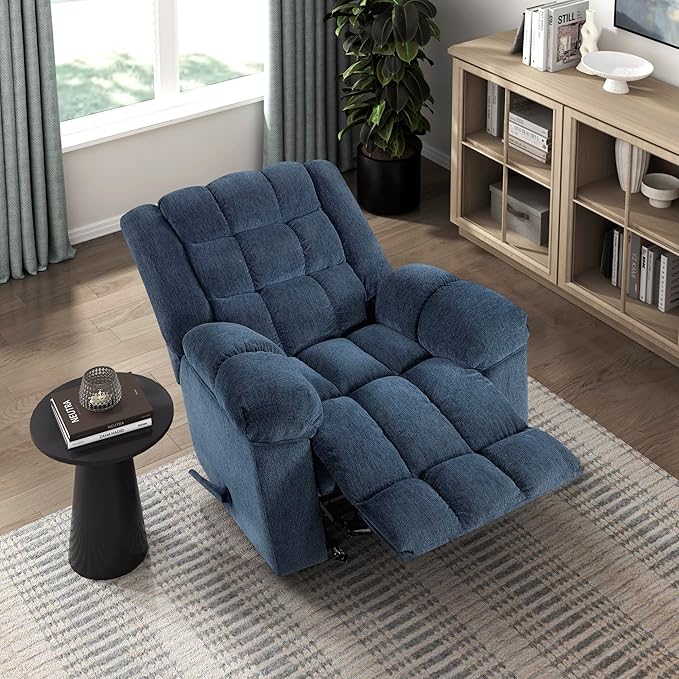 Lexicon Chenille Rocker Reclining Chair for Adults Rocker Pull Handle Recliner Nursery Chair for Living Room/Bedroom High Back Pillow Top Arms High Density Foam Cushions Blue