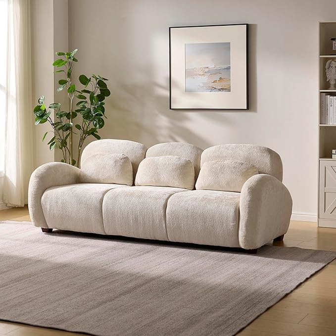 Christopher Knight Home Perla Modern Fabric Upholstered 3 Seater Sofa Couch with Pillow Wooden Home Sofa Living Room Comfy Cloud Couch for Bedroom Apartment Home Office Light Beige