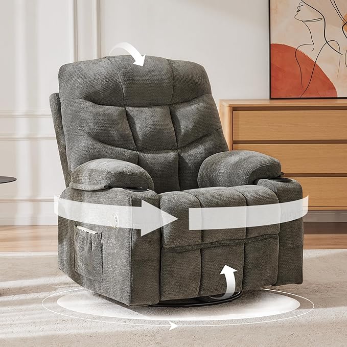 Manual 360°Swivel Rocker Recliner Chair Set of 2Single Recliner Seat with Cup HoldersRecliner Chairs for Adults Upholstered Fabric Lazy Boy Recliner for BedroomLiving RoomGrey