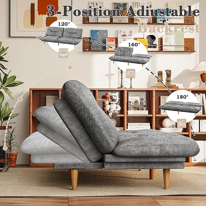 Homall Futon Sofa Bed Modern Loveseat Futon Couch with Adjustable Backrest and Armrests Sleeper Sofa Bed with Wood Frame for Living Room Office Apartment (Leathaire Heather Gray)