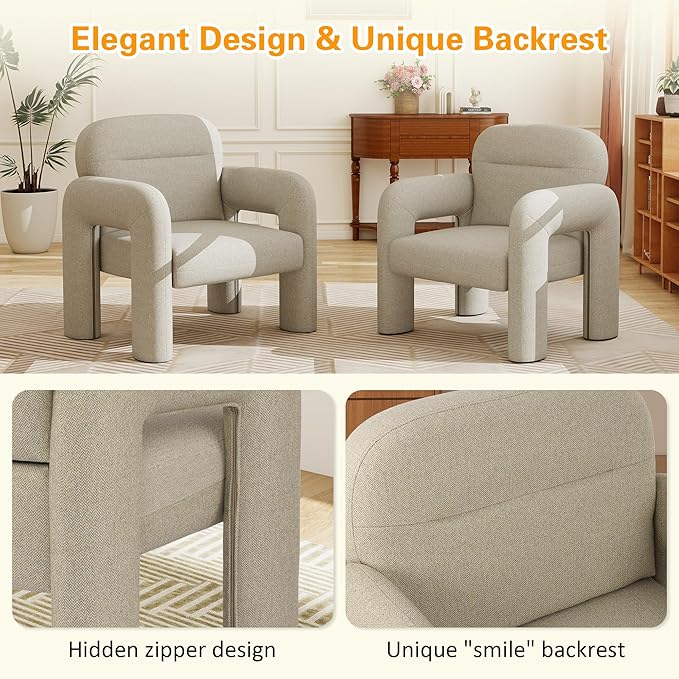 LSSPAID Accent Chairs Modern Line Fabric Upholstered Armchairs Comfy Leisure Reading Chair Fluffy Single Sofa Chair for Living Room Bedrooms Office (Beige 1PC)