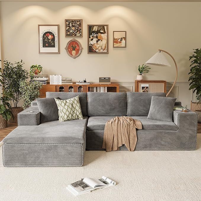 Homall 109 Boneless Couch with Memory Foam Modular Sectional Sofa with L-Shape Chaise Cloud Couch with Deep Seat Dual Cup Holders &amp Side Pockets No Assembly Required (Gray)
